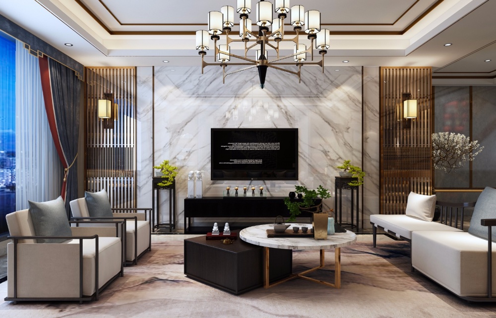 客廳窗簾裝修效果圖藍(lán)毓、新中式別墅中式現(xiàn)代客廳設(shè)計(jì)圖片賞析