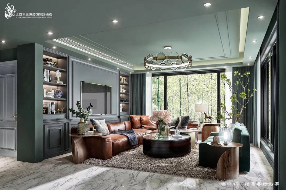 客廳窗簾裝修效果圖簡約美式別墅設計，復地·灣流匯美式經(jīng)典客廳設計圖片賞析