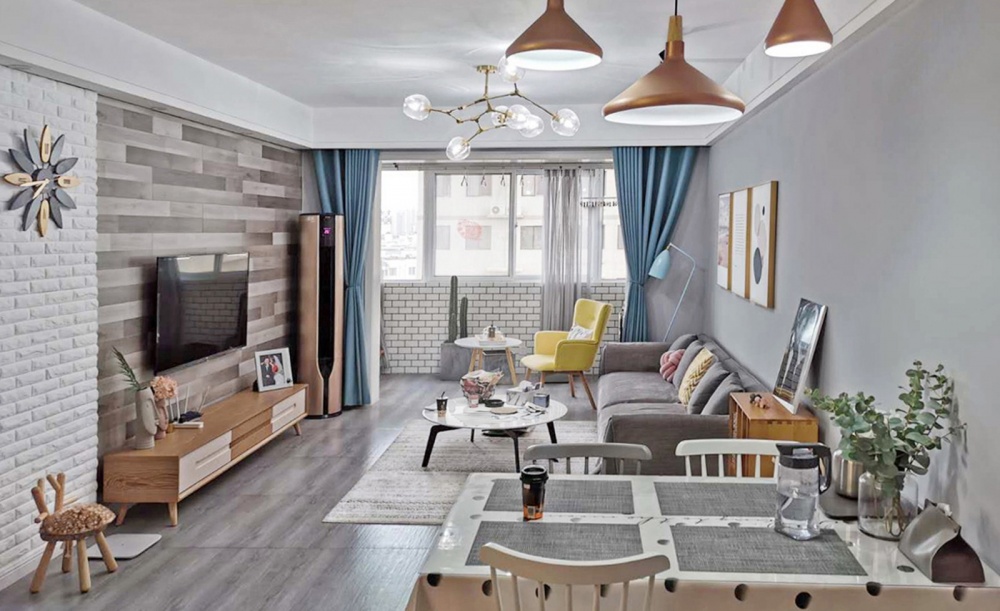 客廳窗簾裝修效果圖83㎡北歐風(fēng)，新婚小兩口的浪漫北歐極簡(jiǎn)客廳設(shè)計(jì)圖片賞析