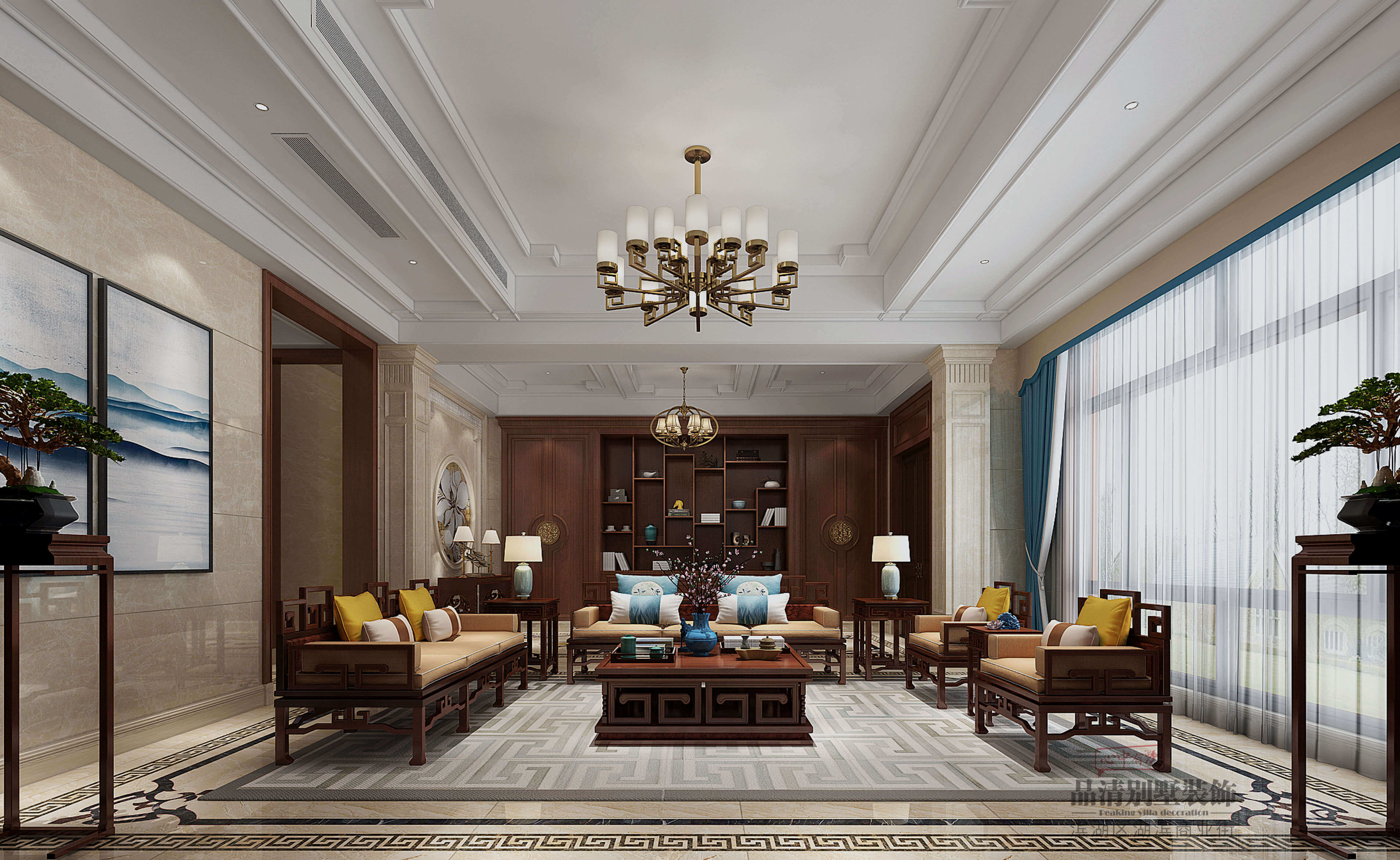 643㎡新中式，寧?kù)o雅致的茶室，古樸的茶桌充滿歲月的滄桑