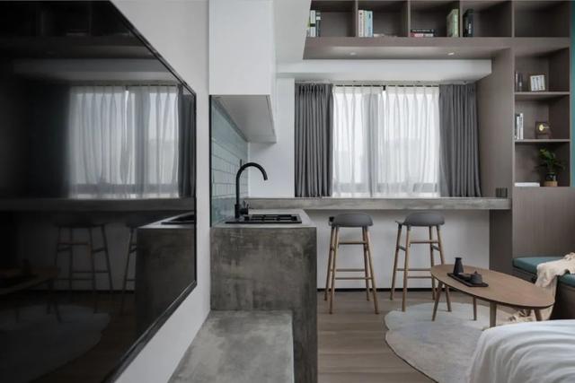 酒店公寓裝修效果圖(35㎡酒店式開(kāi)間單身公寓，半平米都沒(méi)浪費(fèi)，還裝得很有檔次)(圖7)